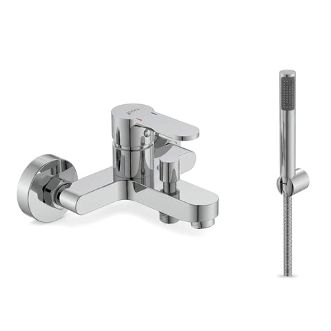 A wall-mounted chrome Aquarius II bath mixer with a single lever handle and a matching hand shower on a flexible hose.