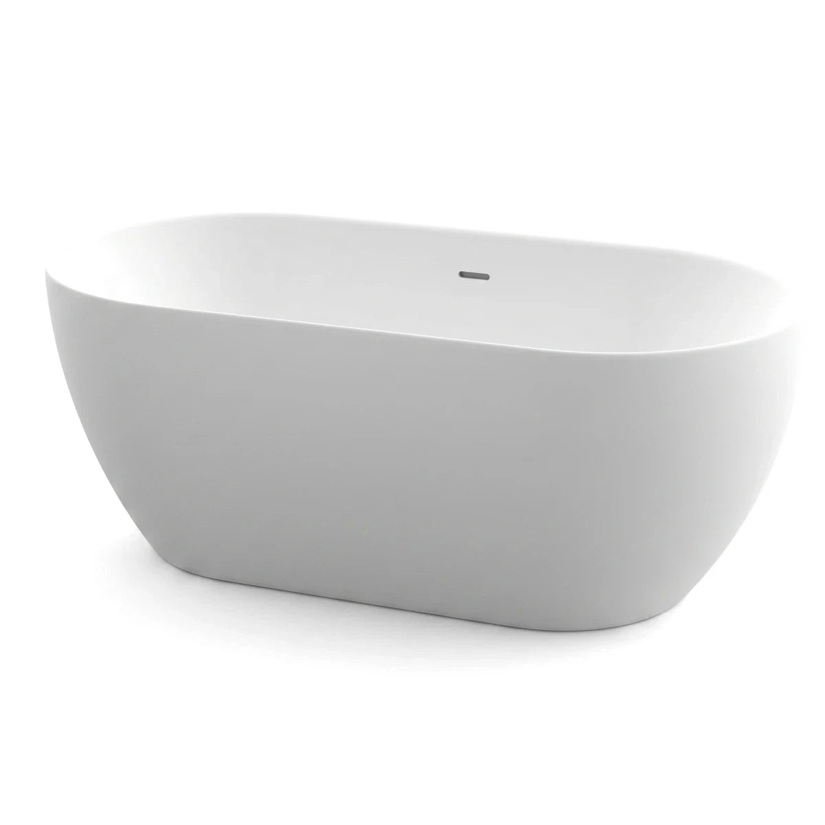 Aquarius white freestanding bath, oval-shaped and measuring 1440x750x585mm, viewed from an elevated angle.