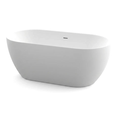 Aquarius white freestanding bath, oval-shaped and measuring 1440x750x585mm, viewed from an elevated angle.
