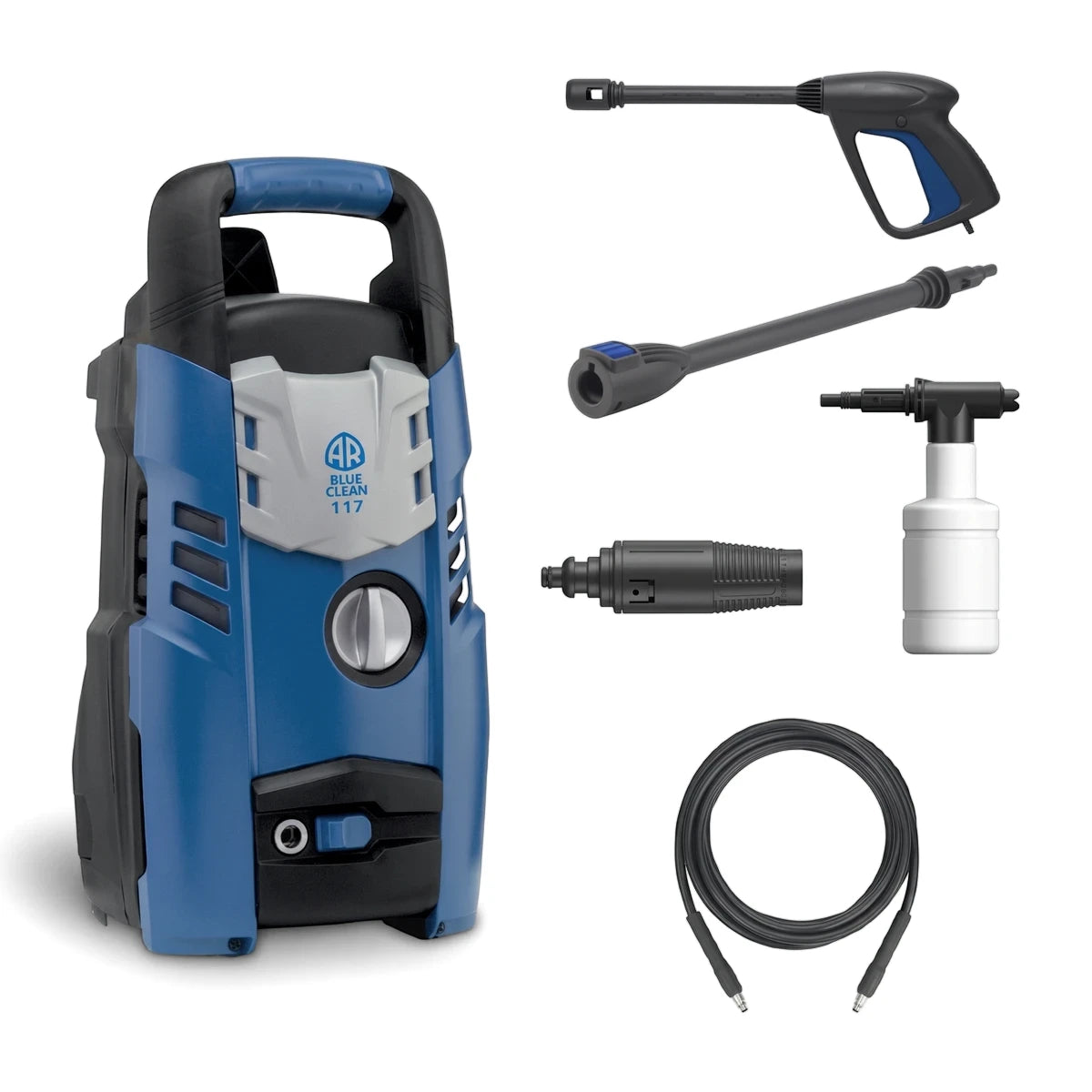 Arbc 1300W, 100 Bar Universal Motor Pressure Washer in blue and black with all accessories on a white background.