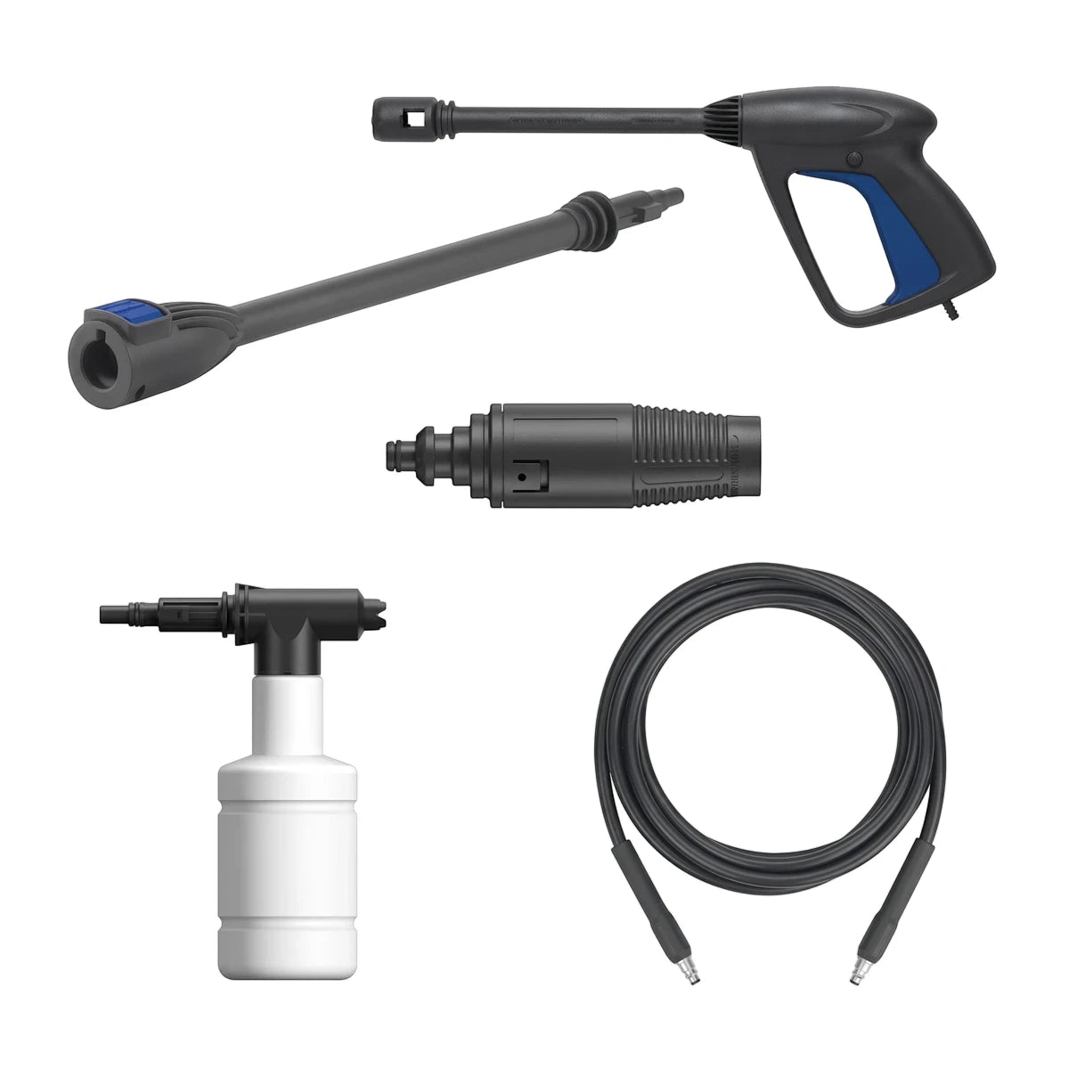 Arbc 1300W 100 Bar Universal Motor Pressure Washer with gun, lance, foam bottle, and coiled hose on a white background.