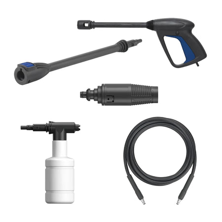 Arbc 1300W 100 Bar Universal Motor Pressure Washer with gun, lance, foam bottle, and coiled hose on a white background.
