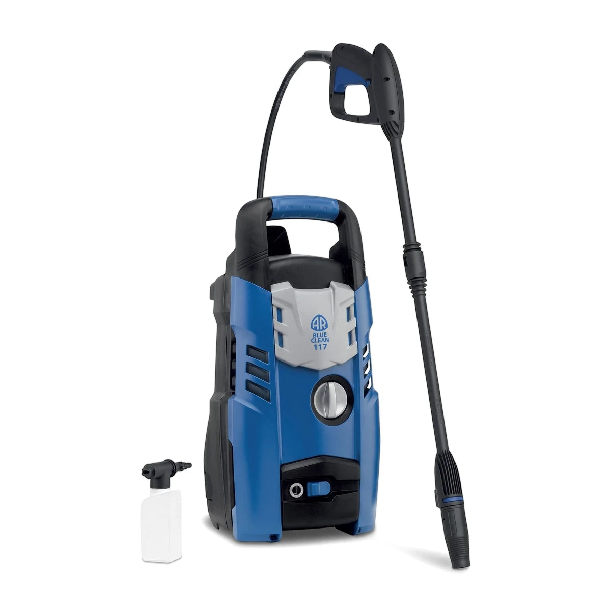 Arbc 1300W, 100 Bar Universal Motor Pressure Washer in blue, black, and gray, standing with its spray gun and detergent