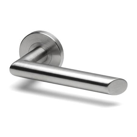 Brushed stainless steel Arhus On Rose Handle, a modern lever door handle on a round rose plate.