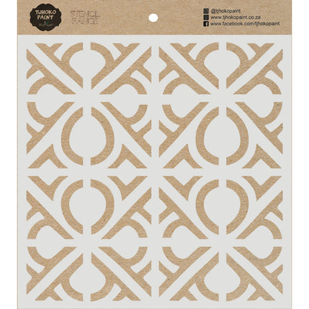 Art Deco paint stencil 2024-150-3 featuring an intricate geometric pattern in light gray, presented on natural kraft paper.