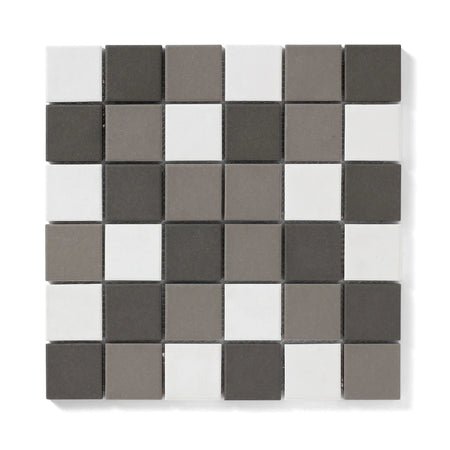 Ashton Unglazed Square Mosaic Tile with a geometric pattern of smaller white and multi-tone gray square tiles.