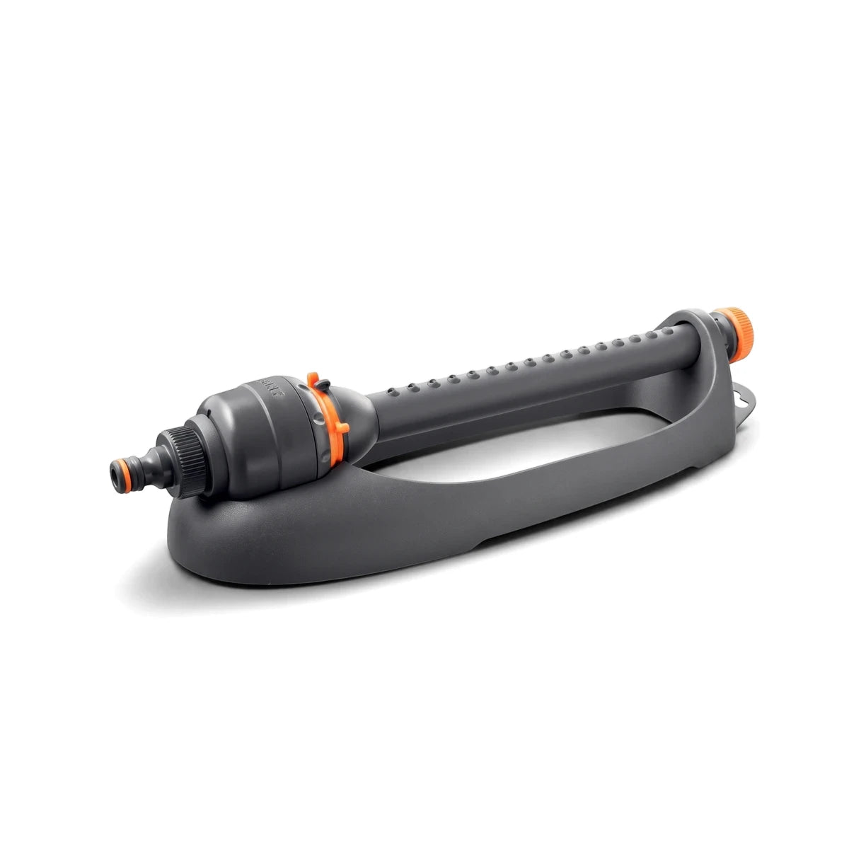 Dark grey Astral-4 Oscillating Base Sprinkler with orange accents, shown from a slightly elevated side view.