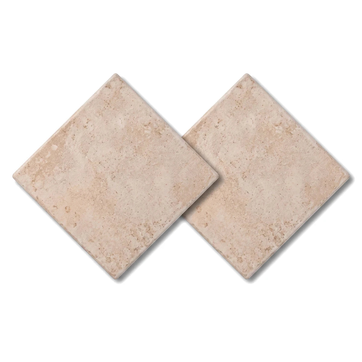 Two Athena Ochre square tiles displayed diagonally, showcasing their subtle textured surface and warm beige color.