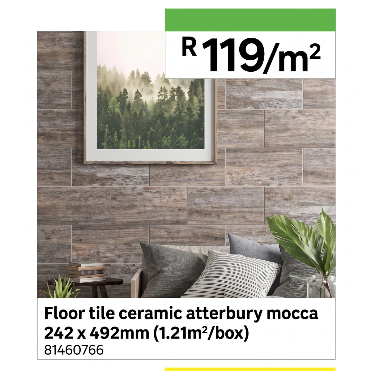 Ceramic Atterbury Mocca wood-look tiles in brown and grey, installed on a wall in a modern living room setting.