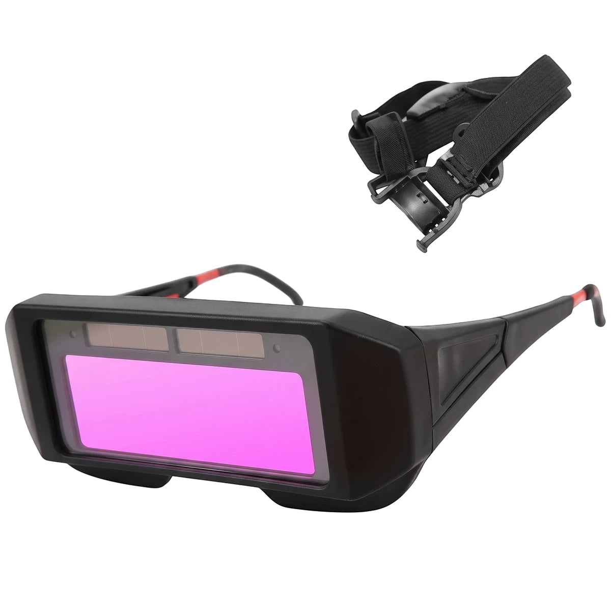 Black auto dark welding spectacles with a pink lens and an adjustable black head strap, shown against a white background.
