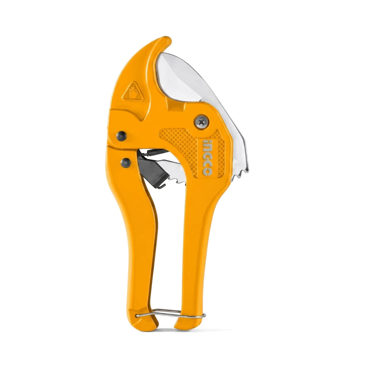 Automatic PVC pipe cutter, bright yellow with a silver blade, used for cutting pipes up to 42mm in diameter. Hand tool for