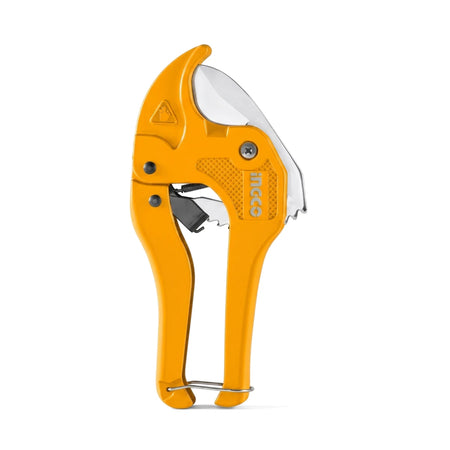Automatic PVC pipe cutter, bright yellow with a silver blade, used for cutting pipes up to 42mm in diameter. Hand tool for
