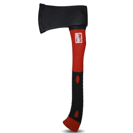 Axe with a black head and a red and black fiberglass rubber handle, presented from a front view.