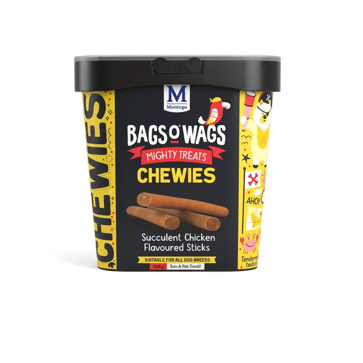 Bags O' Wags Mighty Treats Chewies Succulent Chicken Flavoured Sticks dog food in a black and yellow 500g tub.