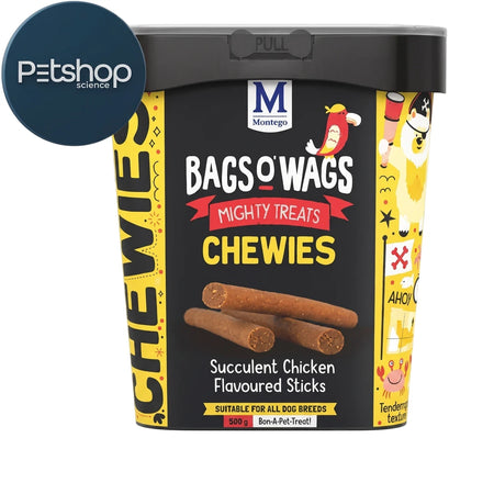 Bags O' Wags Mighty Treats Chewies Succulent Chicken Flavoured Sticks dog treats in a black and yellow tub, viewed from the
