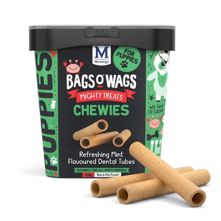 Bags O' Wags Chewies Pup Dental Tubes Dog Food, Refreshing Mint Flavour, 350g, for puppies in a black and green container