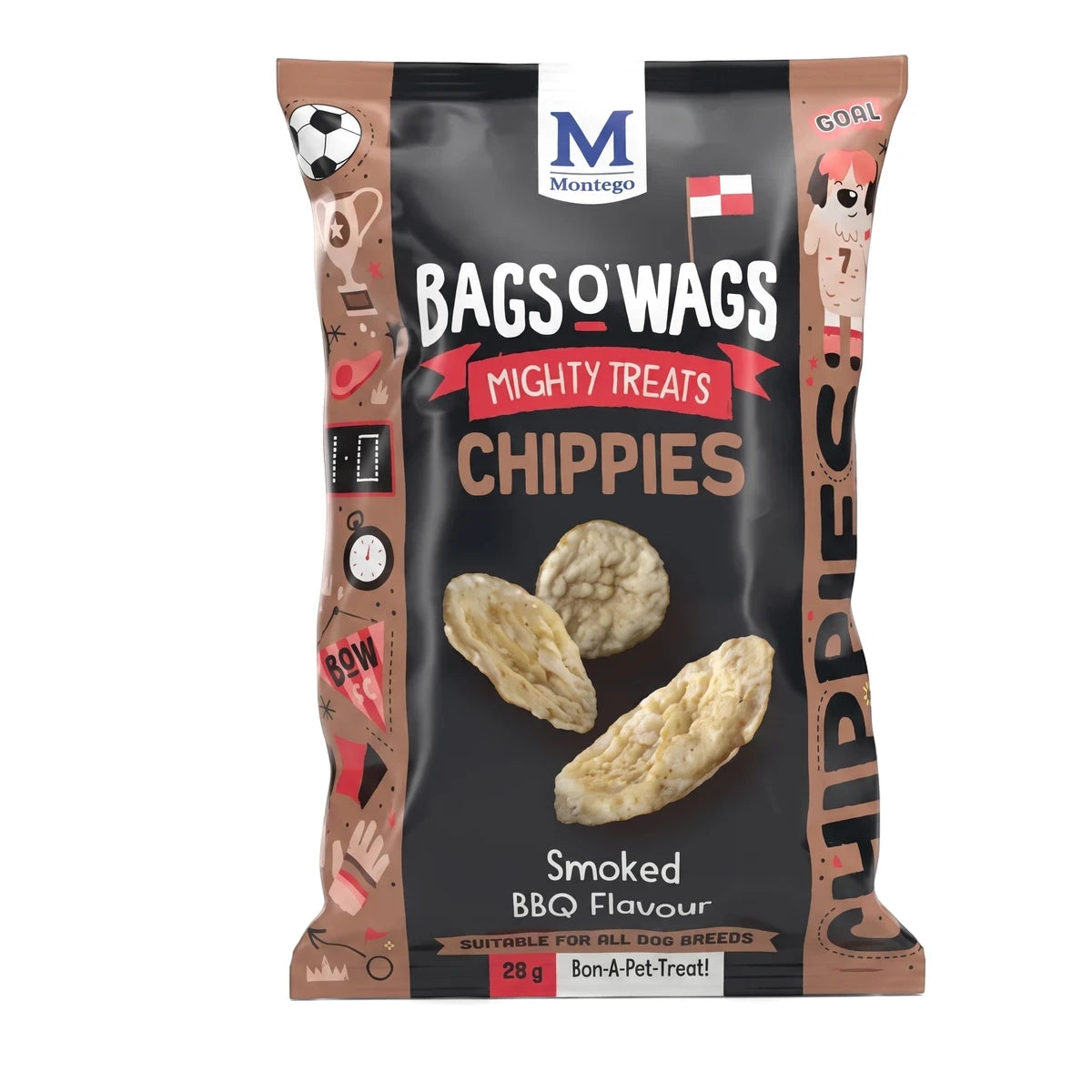 Black and brown Bags O' Wags Chippies Smoked BBQ Flavour dog treats bag, with three tasty chippies displayed.