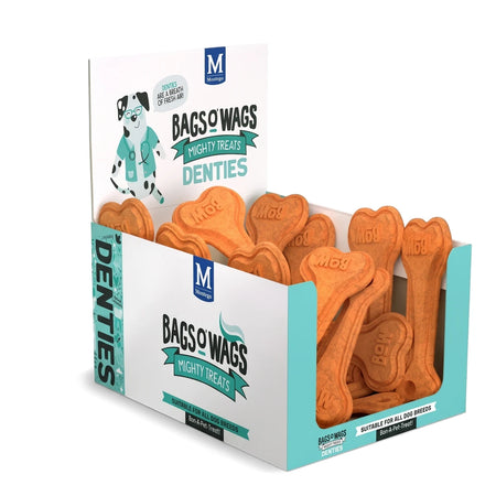 Bags O' Wags Mighty Treats Denties Bones XL Dog Food display box, featuring bone-shaped orange treats and a teal and white
