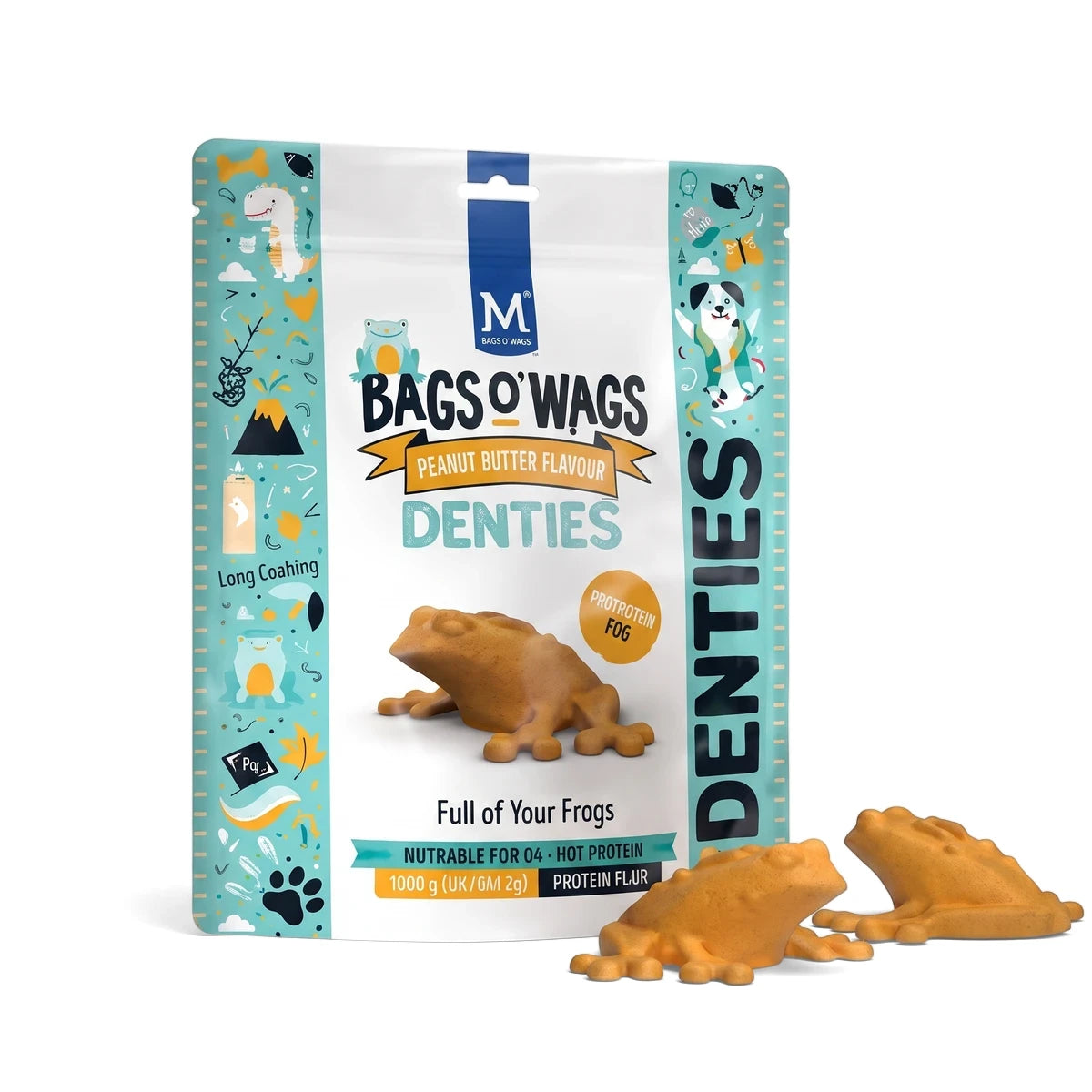 Bags O' Wags Denties Frogs peanut butter flavored dog dental treats in a white and teal pouch with three frog-shaped treats.