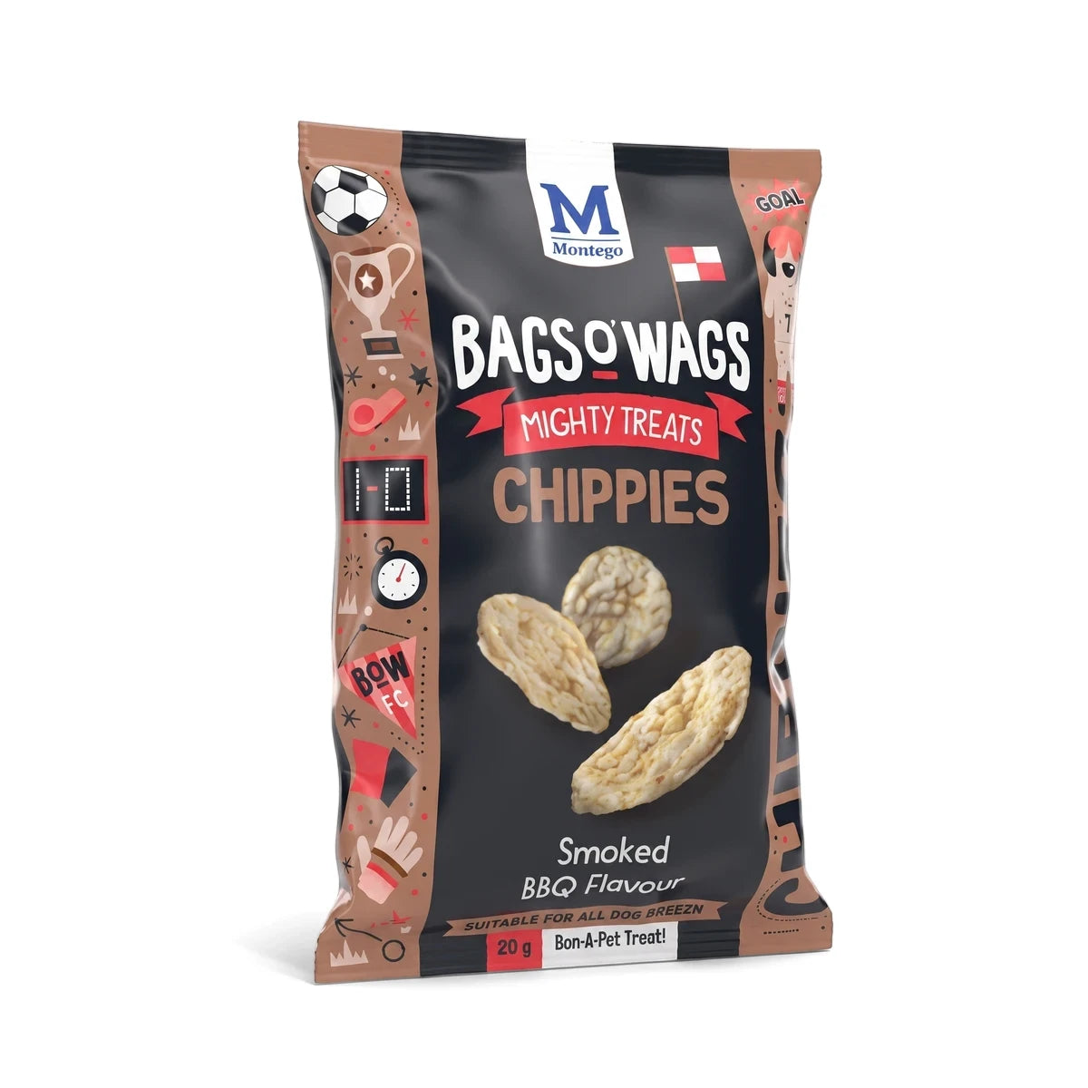 Bags O' Wags Mighty Treats Chippies Smoked BBQ Flavour dog treat bag, black with red and brown soccer graphics, featuring