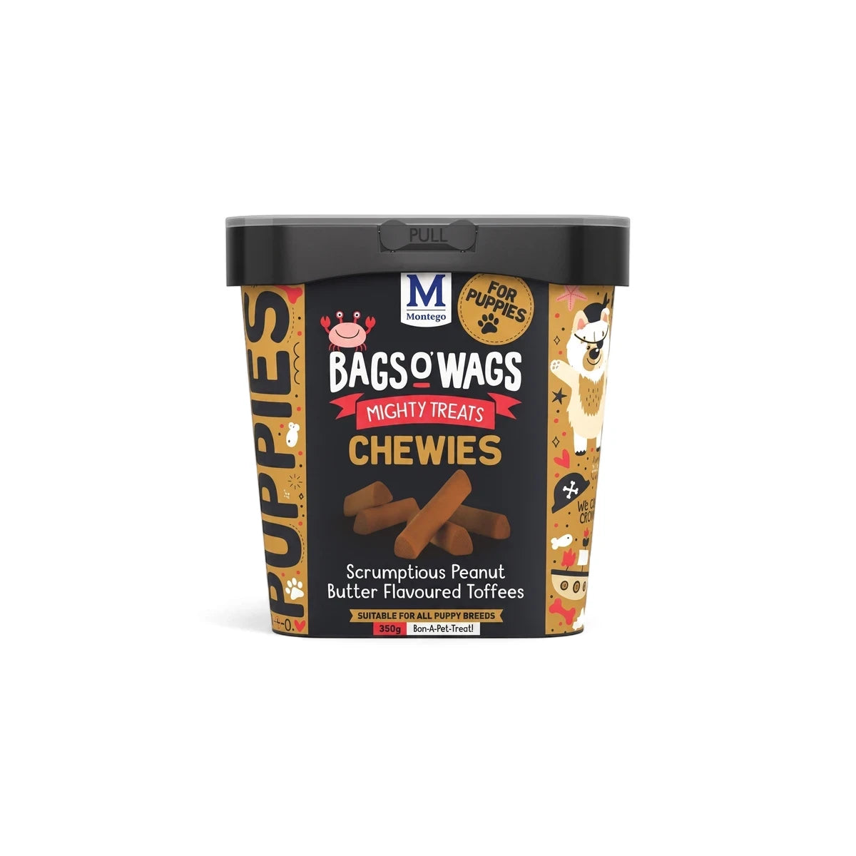Bags O' Wags Puppy Toffee Chews dog food container, featuring peanut butter flavored toffees for puppies.