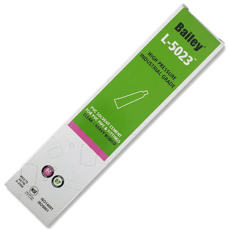 Bailey L-5023 high-pressure industrial grade PVC solvent cement glue in a green and white box for pipe fittings.