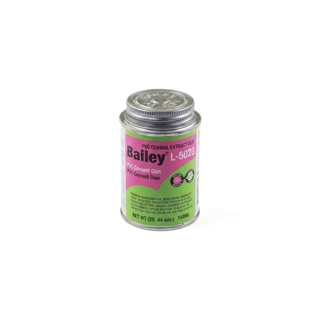 Bailey L-5023 PVC Cement Glue in a 473ml metal tin with a vibrant pink and green label, shown from an eye-level view.