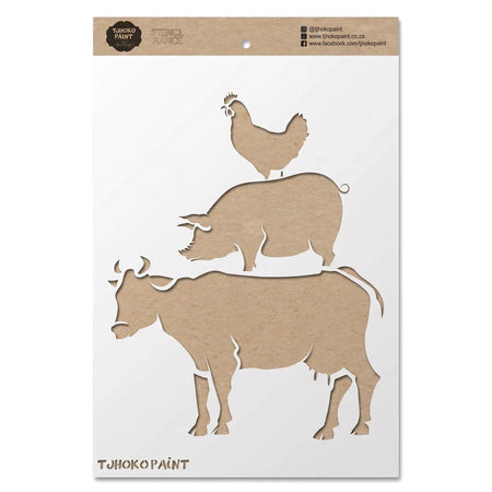 Barnyard Buddies A4 stencil for painting, featuring stacked silhouettes of a cow, pig, and chicken, made from brown craft