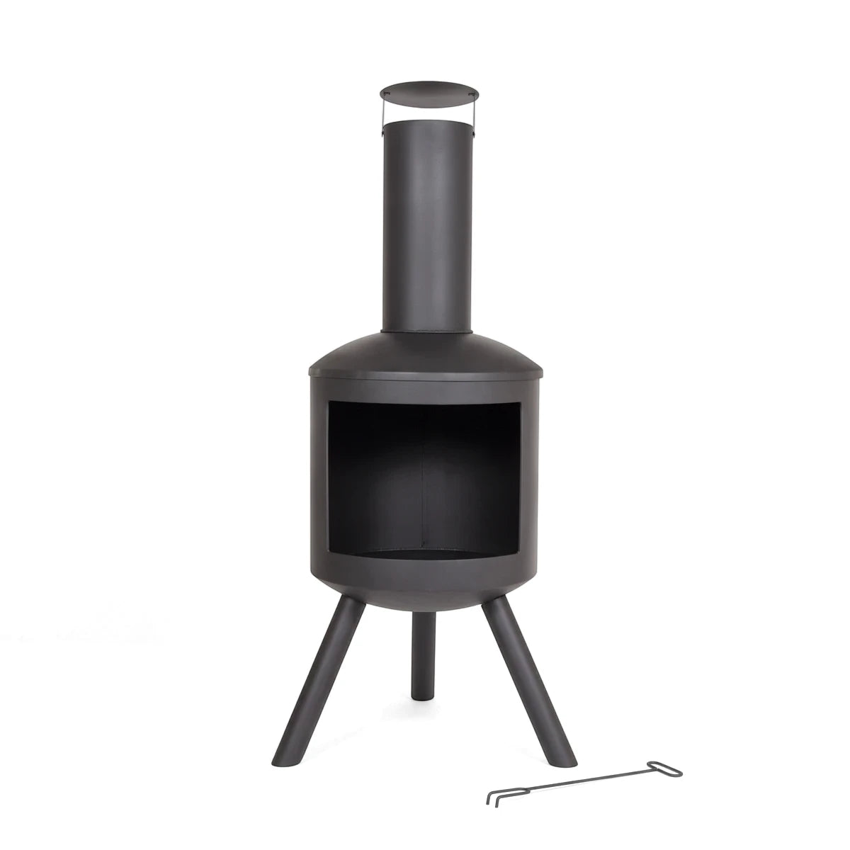 Modern black metal outdoor chimenea with a tall chimney and a small poker tool on a white background, front view.