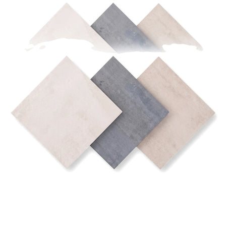 Three Basali 400x400mm ceramic floor and wall tiles in mushroom, ivory, and silverstone colors, shown in an overlapping