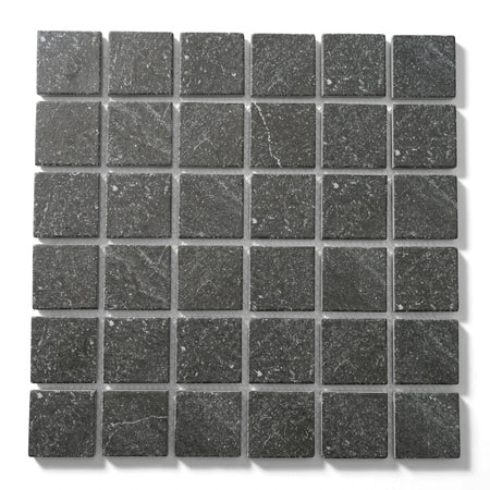 Dark grey square basalt mosaic anti-slip tiles, 45mm, arranged in a grid pattern, showcasing the textured surface.