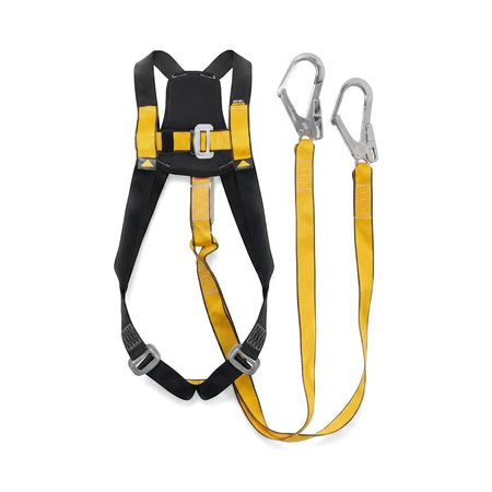 Basic fall arrest safety harness with black and yellow straps and dual yellow lanyards, against a white background.