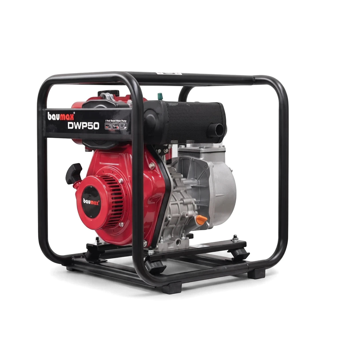 Red and black Baumax DWP50 2-inch diesel water pump with a sturdy black frame, viewed from a slight angle.