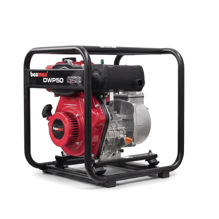 Red and black Baumax DWP50 2-inch diesel water pump with a sturdy black frame, viewed from a slight angle.