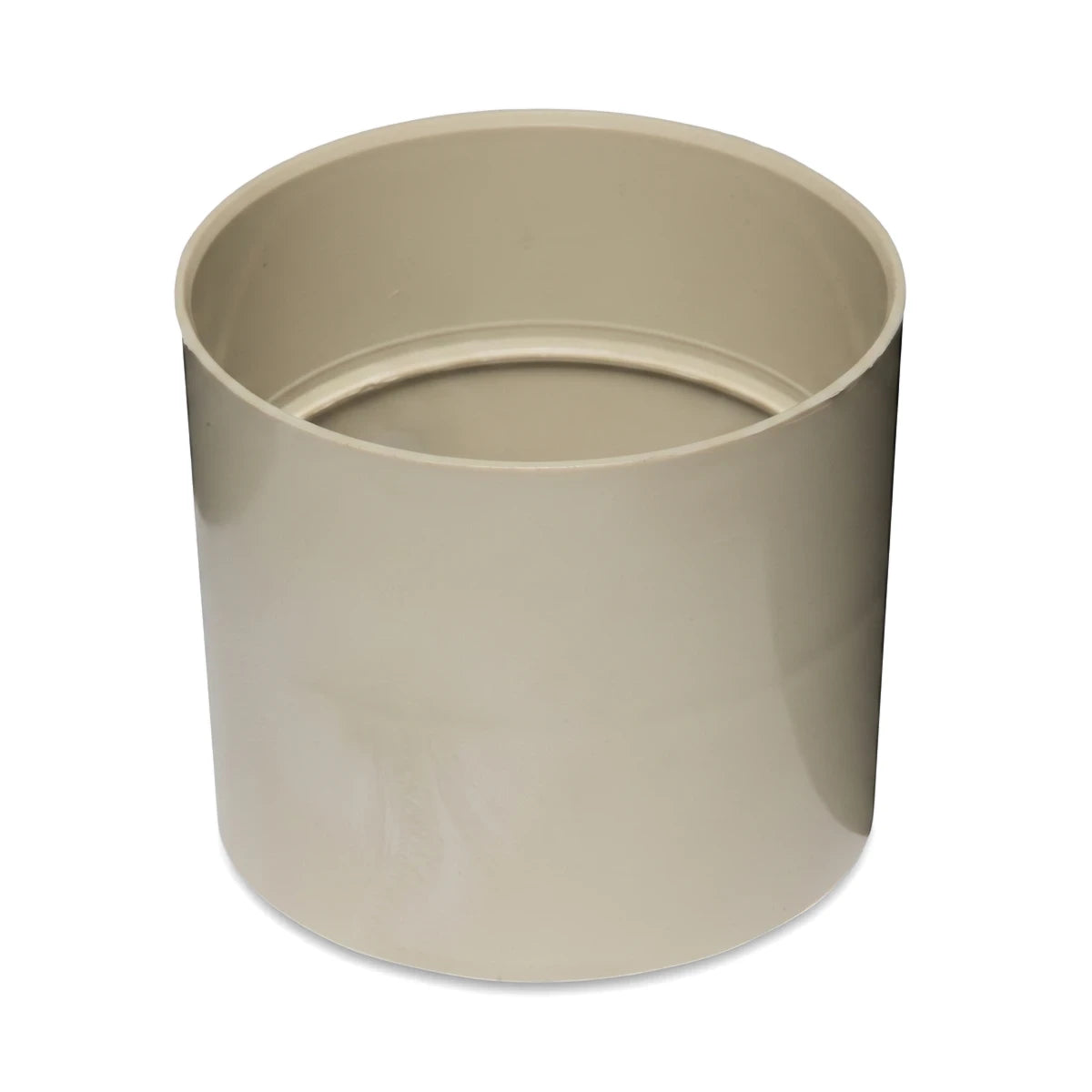 Beige 110mm double solvent socket pipe fitting, a cylindrical plastic component for plumbing applications, viewed from an