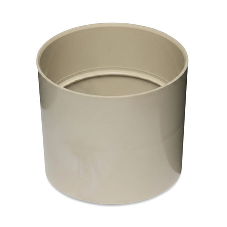 Beige 110mm double solvent socket pipe fitting, a cylindrical plastic component for plumbing applications, viewed from an