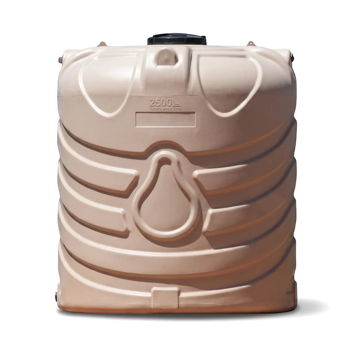 A beige 2500-liter PVC water tank featuring a ribbed design and a black lid, captured in a clear front view.
