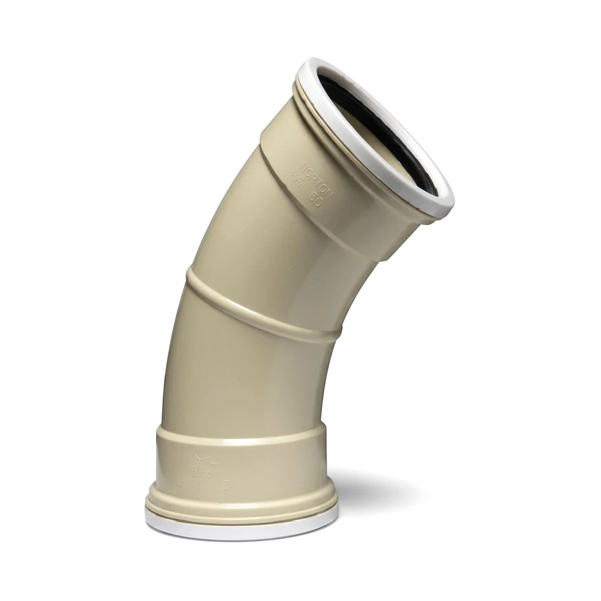 Beige 45-degree ribbed pipe bend for plumbing and drainage systems, featuring a gasketed connection. The durable fitting is