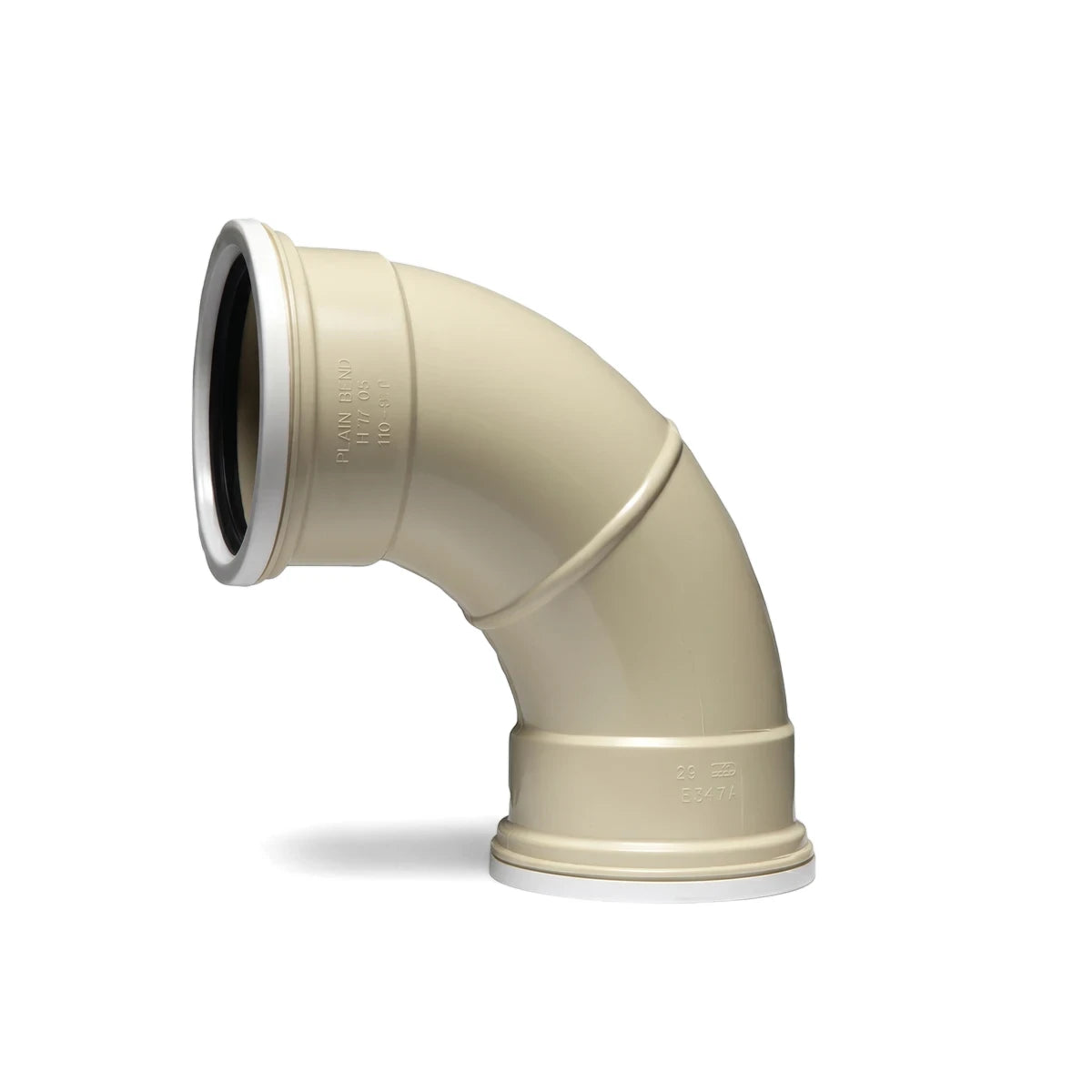 Beige 87.5-degree plain ribbed plastic pipe bend with a black inner seal and white ring, used for plumbing.