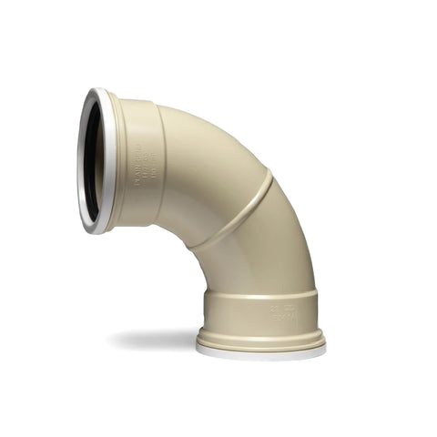 Beige 87.5-degree plain ribbed plastic pipe bend with a black inner seal and white ring, used for plumbing.