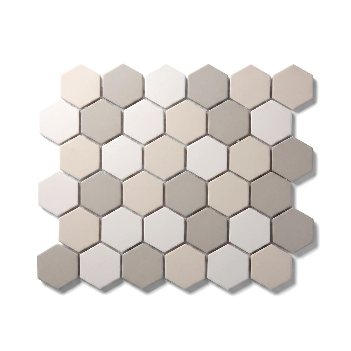 Beige and grey matte hexagon mosaic tile arranged in a uniform pattern, showcasing its modern geometric design for interiors.