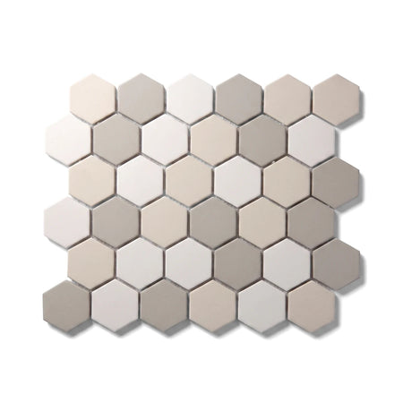 Beige and grey matte hexagon mosaic tile arranged in a uniform pattern, showcasing its modern geometric design for interiors.