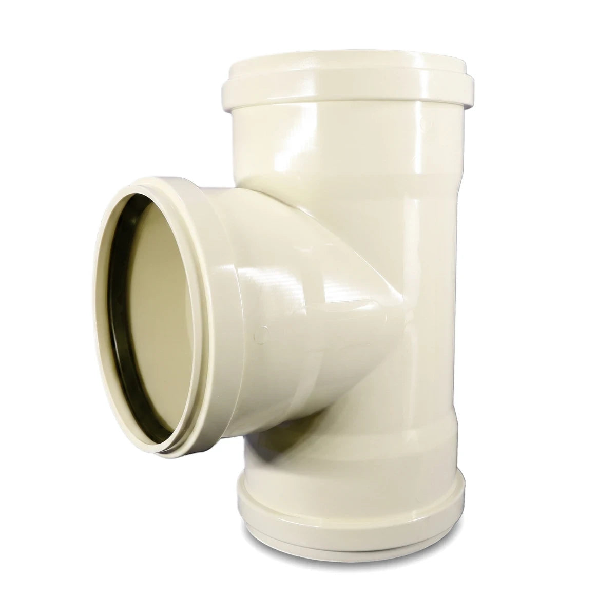 Beige plastic 160mm x 90-degree underground square plain junction pipe fitting for plumbing and drainage systems, shown