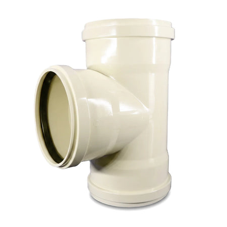 Beige plastic 160mm x 90-degree underground square plain junction pipe fitting for plumbing and drainage systems, shown