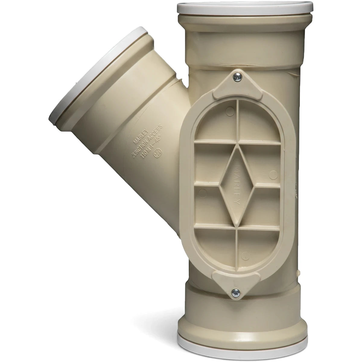 Beige plastic 45-degree junction access pipe fitting with a removable oval cover and 110mm diameter.