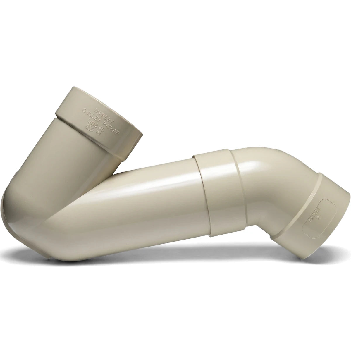 Beige PVC underground gully P-trap for plumbing systems, showing its S-shaped design and embossed brand details.