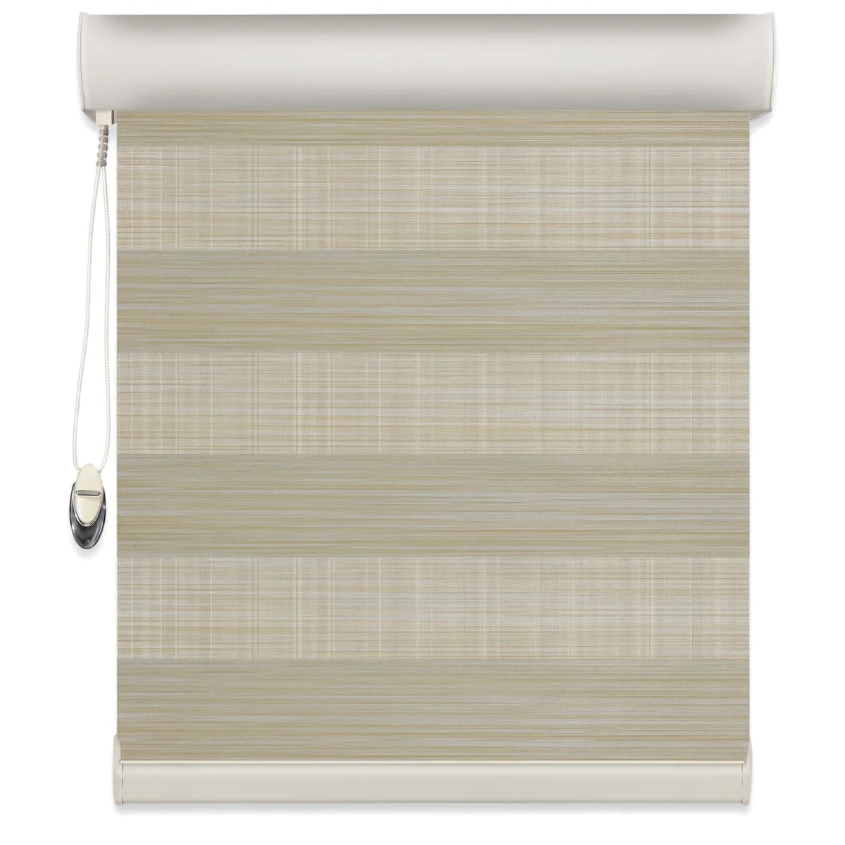 Beige striped zebra blind, a modern window treatment with alternating sheer and opaque horizontal fabric panels.
