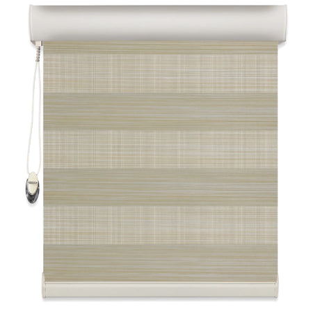 Beige striped zebra blind, a modern window treatment with alternating sheer and opaque horizontal fabric panels.