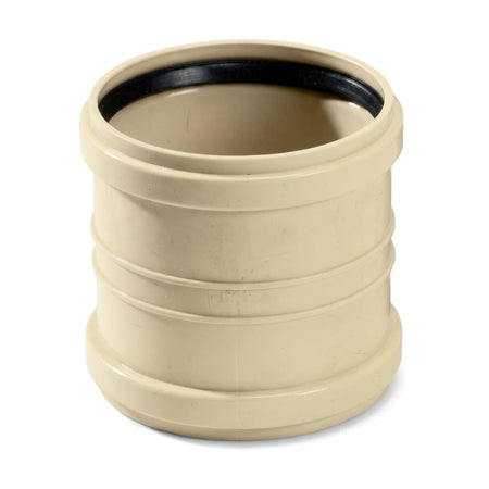 Beige underground double socket plumbing fitting shown from a slightly angled view. This pipe connector features a ribbed