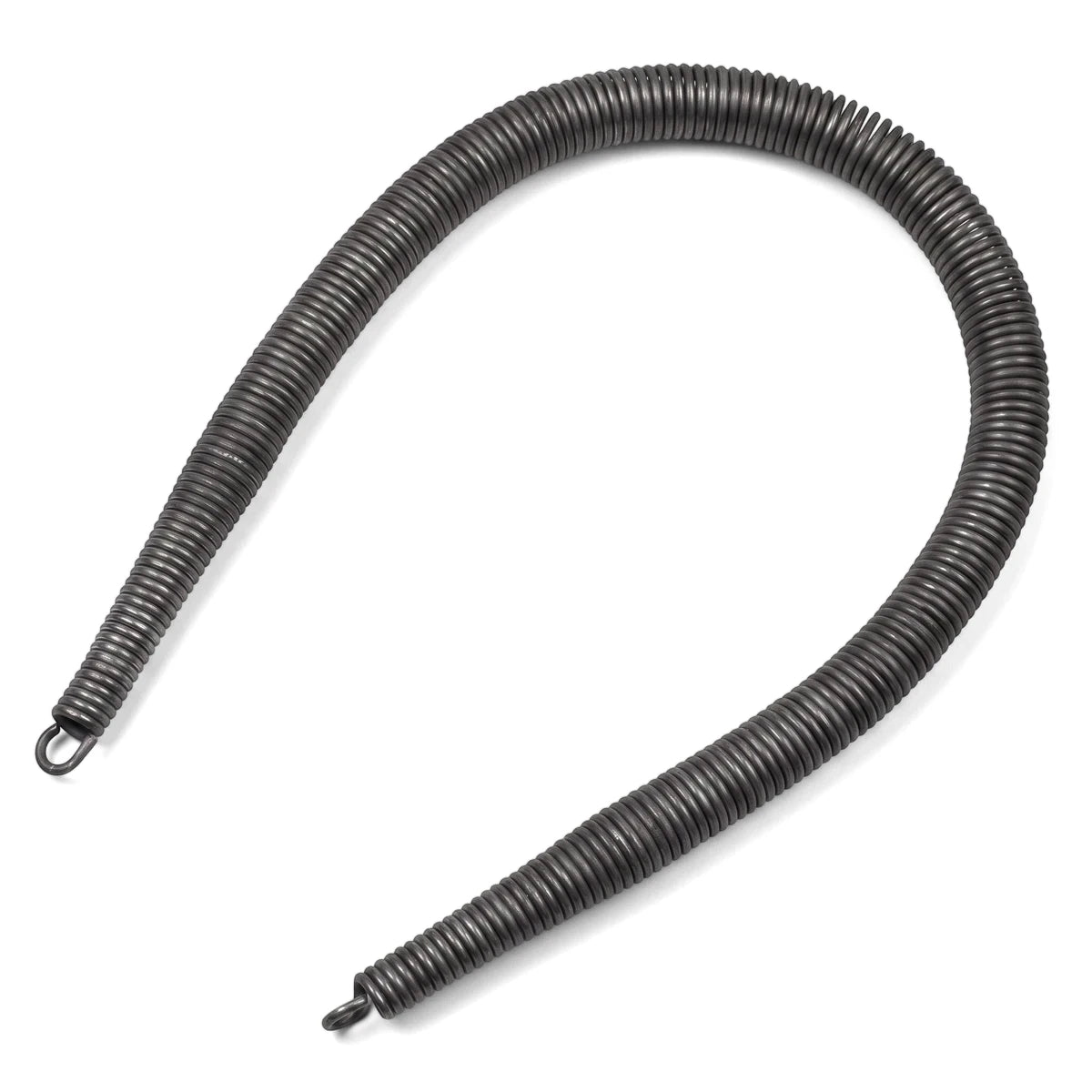 Dark gray flexible metal bending spring with looped ends, shaped into a U-curve, for plumbing or electrical use, shown on a